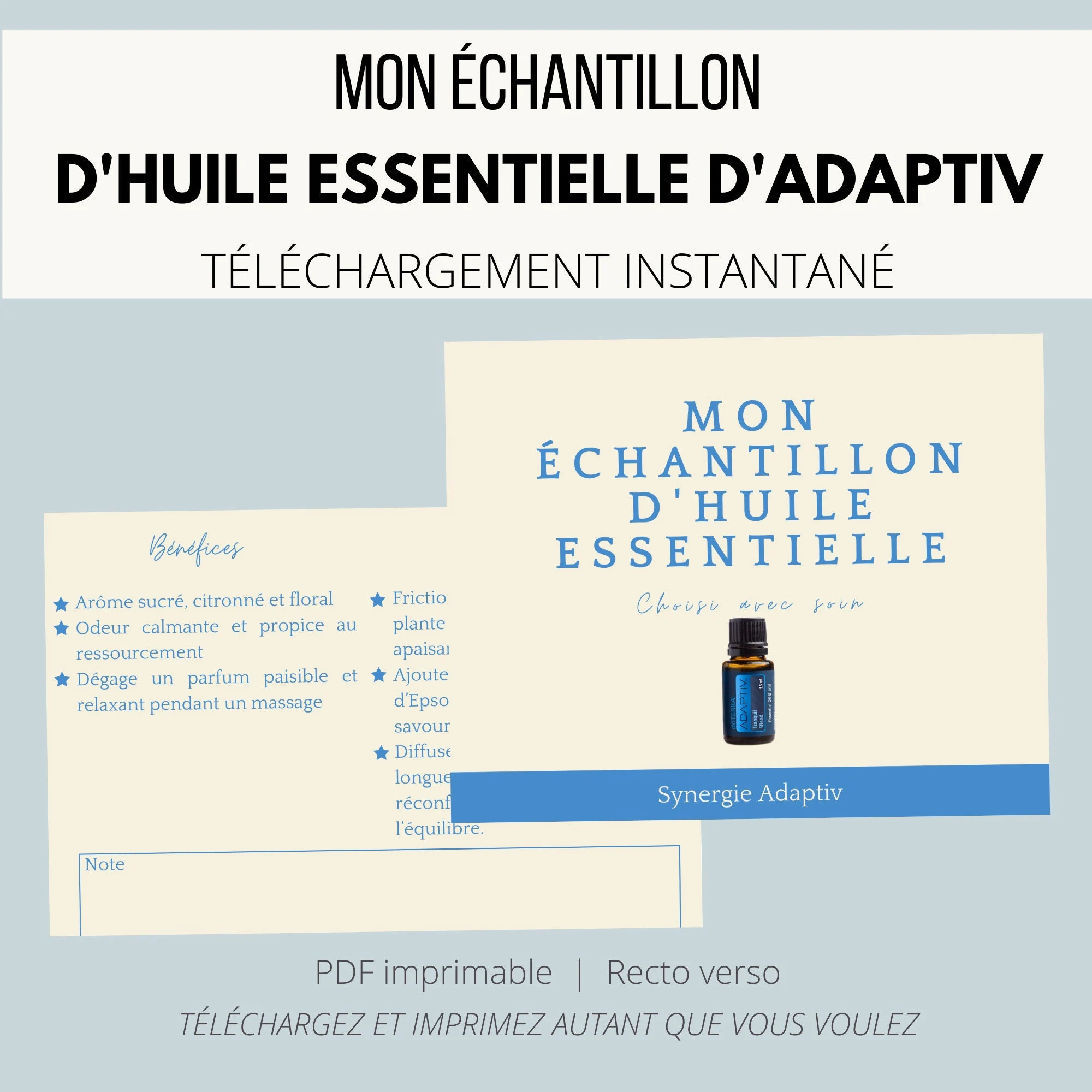 Fiche téléchargeable - carte d'échantillon huile essentielle Adaptiv